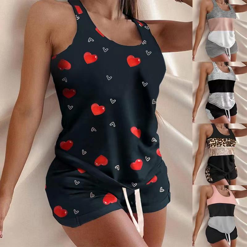 Summer Two Piece Set Women Tracksuit Home Clothes Patchwork Letter Print Tank Top Shorts Sweat Suits Casual Women's Sets Outfits