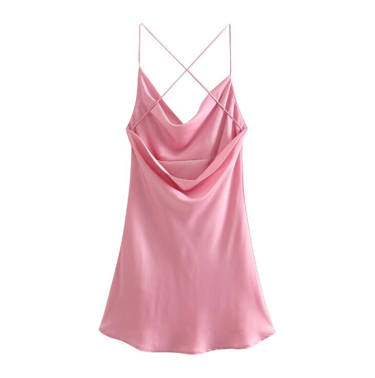 Summer Za Women Dress 2021 Pink Satin Spaghetti Strap Dresses Woman Sexy Backless Mini Party Dresses Ladies Sleeveless Dress