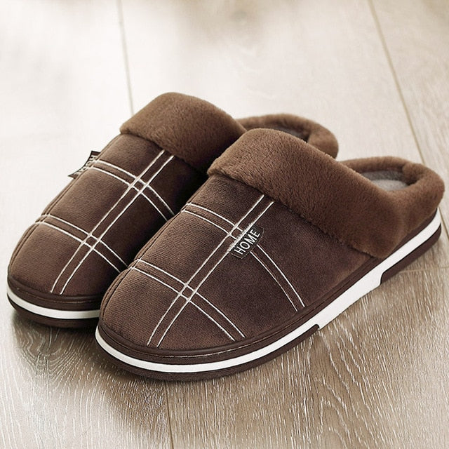 Home Men Slippers Winter Big Size 45-50 Gingham Warm Fur Slippers for male Antiskid Suede Short Plush House shoes men Hot sale