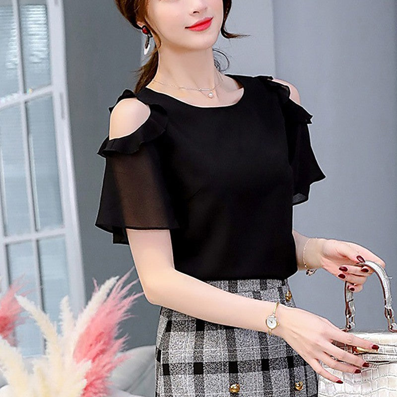 Summer Ladies Causal Off Shoulder Ruffles Shirts Women's Black/White Chiffon Blouses Women O-neck Short Sleeve Solid Tops