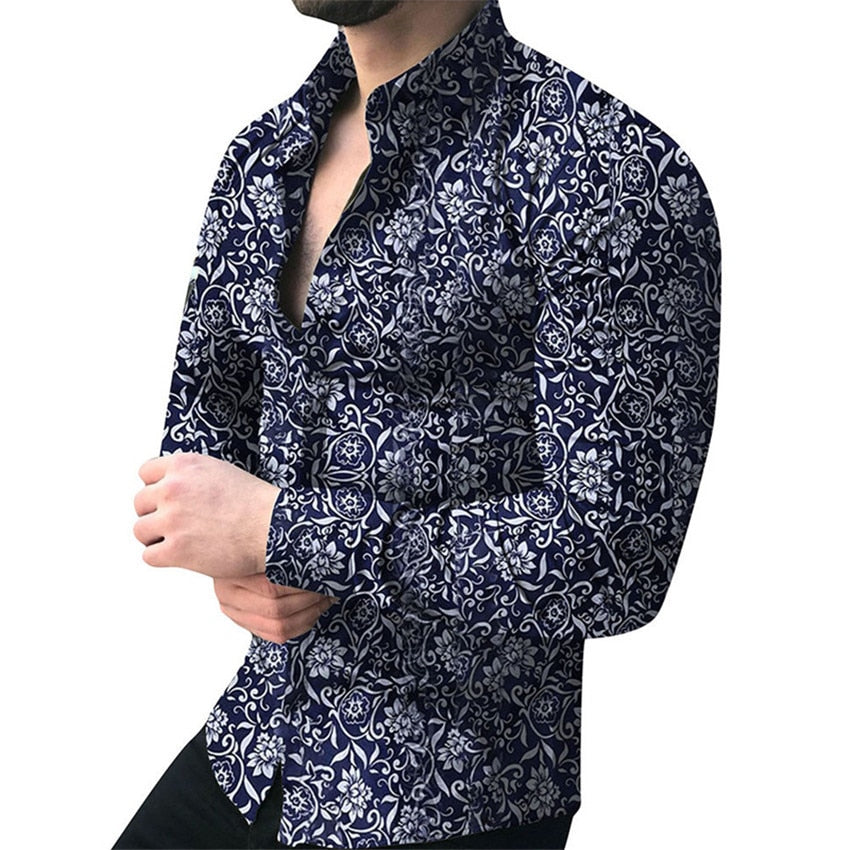 Men Shirt Long Sleeve Top  Floral Male Blouse Casual Shirts Summer Autumn Shirts hawaiian Men Clothes camisa masculina