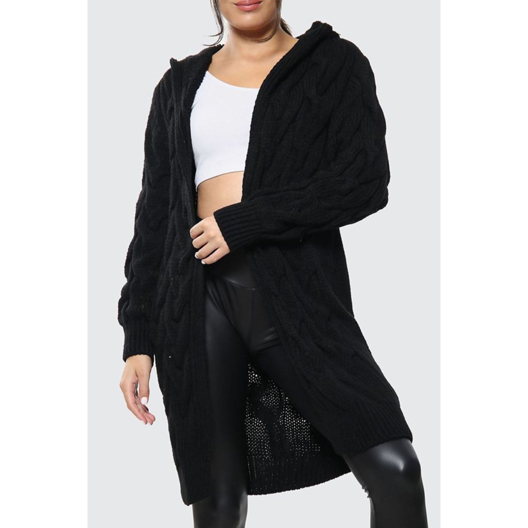 Cable Knit Hooded Cardigan | Knee Length - Black