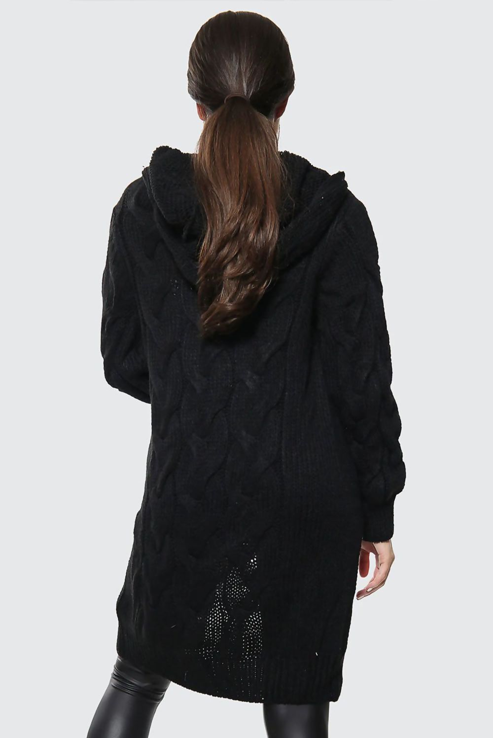 Cable Knit Hooded Cardigan | Knee Length - Black