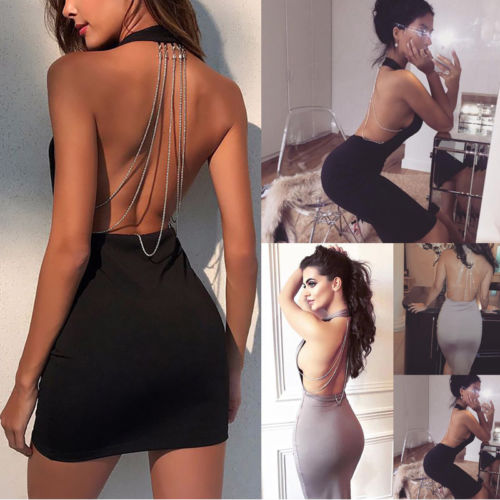 Sexy Women Dresses Summer Backless Deep V Rhinestone Bodycon Sleeveless Halter Party Club Mini Dress