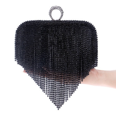 Tassel Rhinestone Finger Ring Evening Bags Diamonds Wedding Handbags Women Day Clutch Mini Purse Bag With Chain