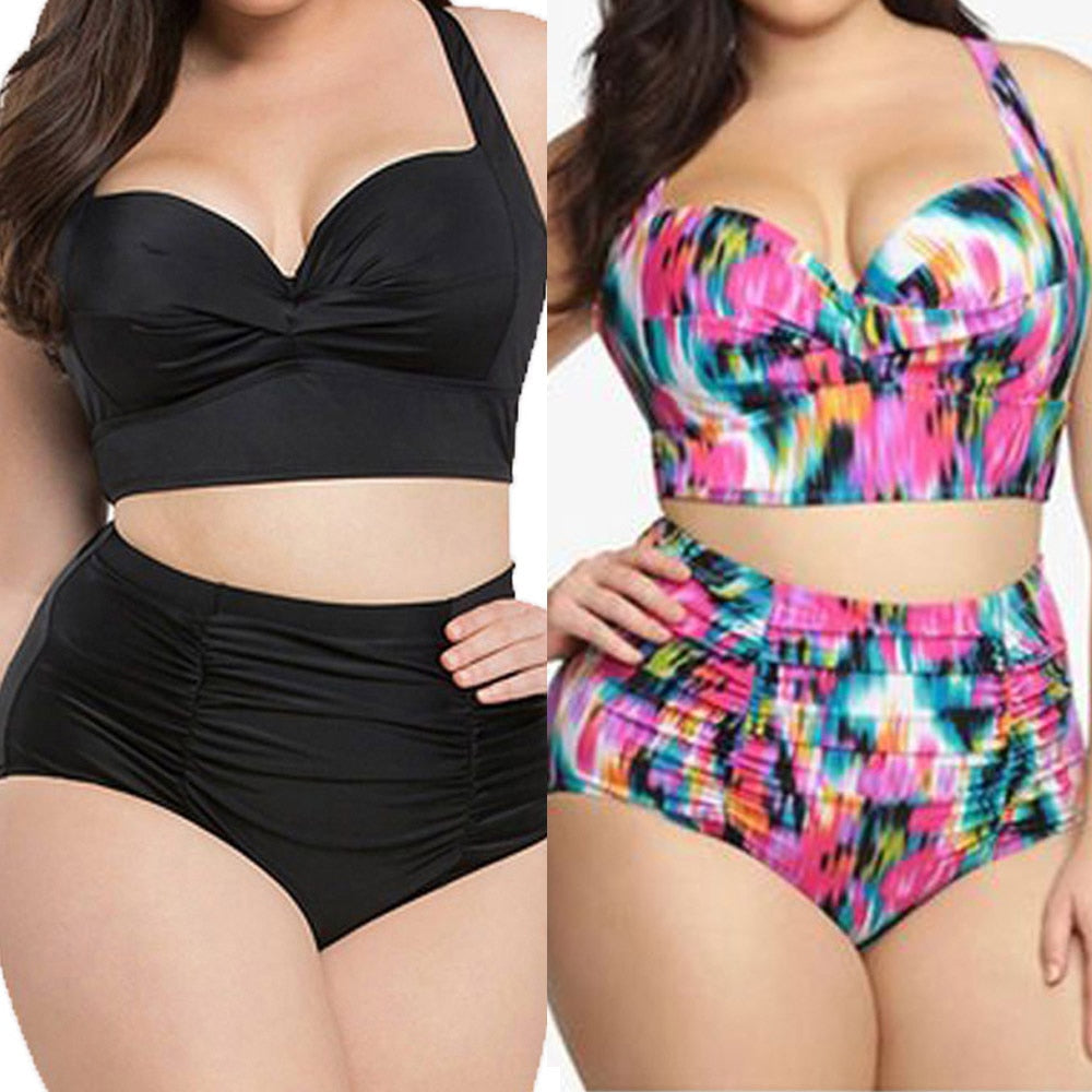 Plus Size high waist women bikini suit 2 piece suit Large size Flower print Beach Bikini Set Padded chest Top swim pool wear