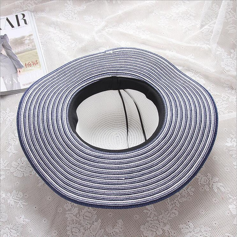 Hepburn Wind Black White Striped Bowknot Summer Sun Hat Beautiful Women Straw Beach Hat Large Brimmed Hat