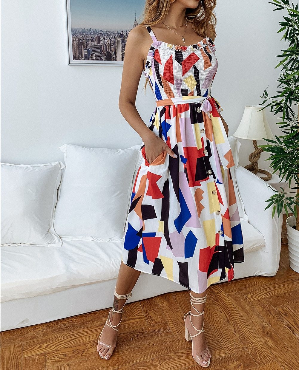 Women Summer Beach Dress Fashion Sling Square Collar Casual Sleeveless Printed Button Female Mid-Calf Dresses