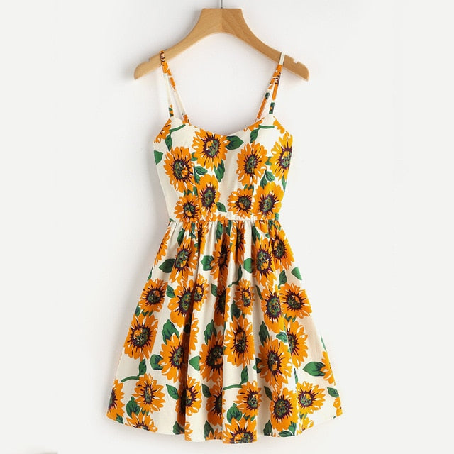 Home&Nest Summer Women's Sleeveless Dress Ladies Sunflower Print Everything Mini Elegant Dress Vestidos Beach Dresses Helianthus