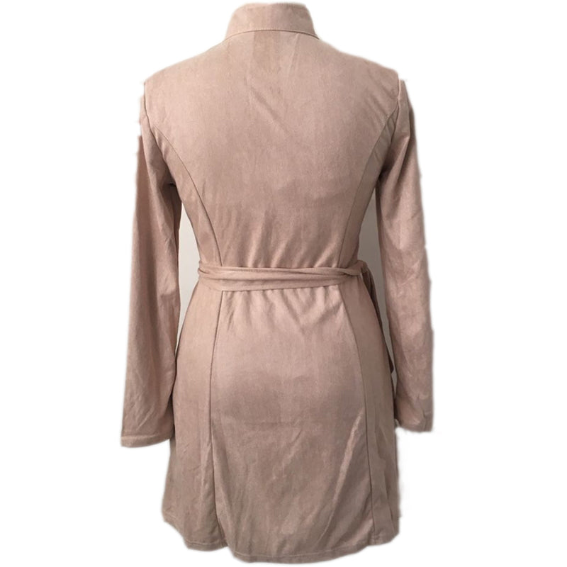 Autumn Women's Casual Sash Suede Trench Coat Casual Leather Pocket Long Overcoat