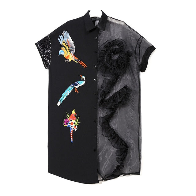 Summer Women Black Midi Mesh Shirt Dress Plus Size Ruffle Bird Embroidery Lady Sheer Cute Dress Party Dress