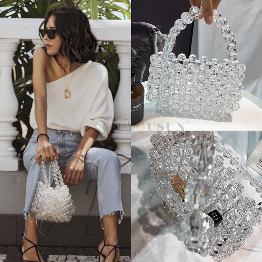 Transparent Crystal Bag Designer Pearls Jelly Bag Clutch Clear Bag