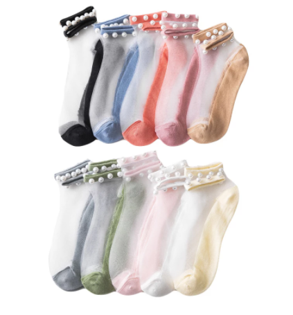 1 Pair of Summer Thin Pearl Transparent Glass Fiber Women's Socks Popular in Spring and Summer Korean Cotton Women's Socks