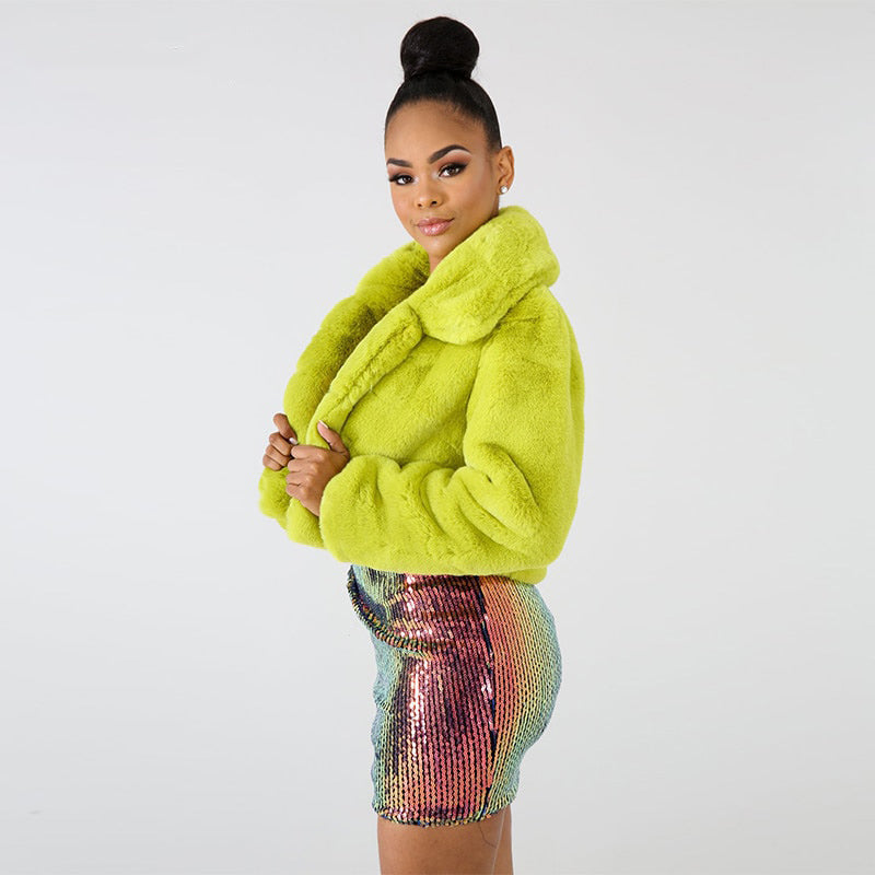 Lime Green Short Faux Fur Coat Winter Neon Fluorescent Warm Cardigan Cropped Jacket Fluffy Teddy Coats