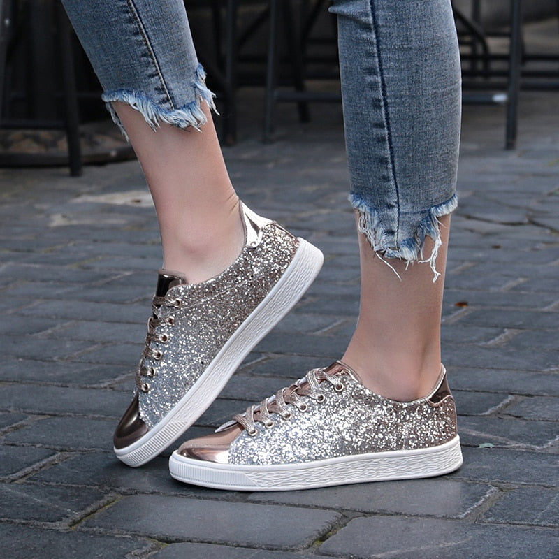 Spring Women Sneakers Casual Flat lace-Up Bling Glitter Shining Green Beautiful Vulcanized Shoes Woman