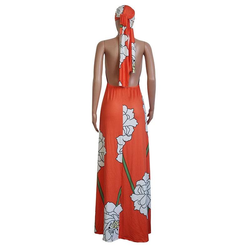 Floral Print Summer Boho Dresses Women Off Shoulder Backless Long Beach Dress Casual Halter Sleeveless Maxi Dress With Headscarf