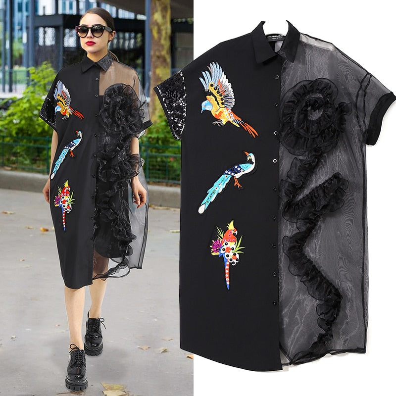 Summer Women Black Midi Mesh Shirt Dress Plus Size Ruffle Bird Embroidery Lady Sheer Cute Dress Party Dress