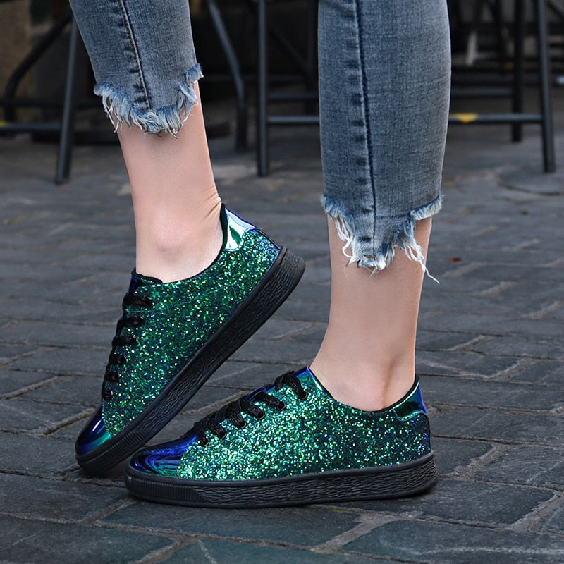 Spring Women Sneakers Casual Flat lace-Up Bling Glitter Shining Green Beautiful Vulcanized Shoes Woman