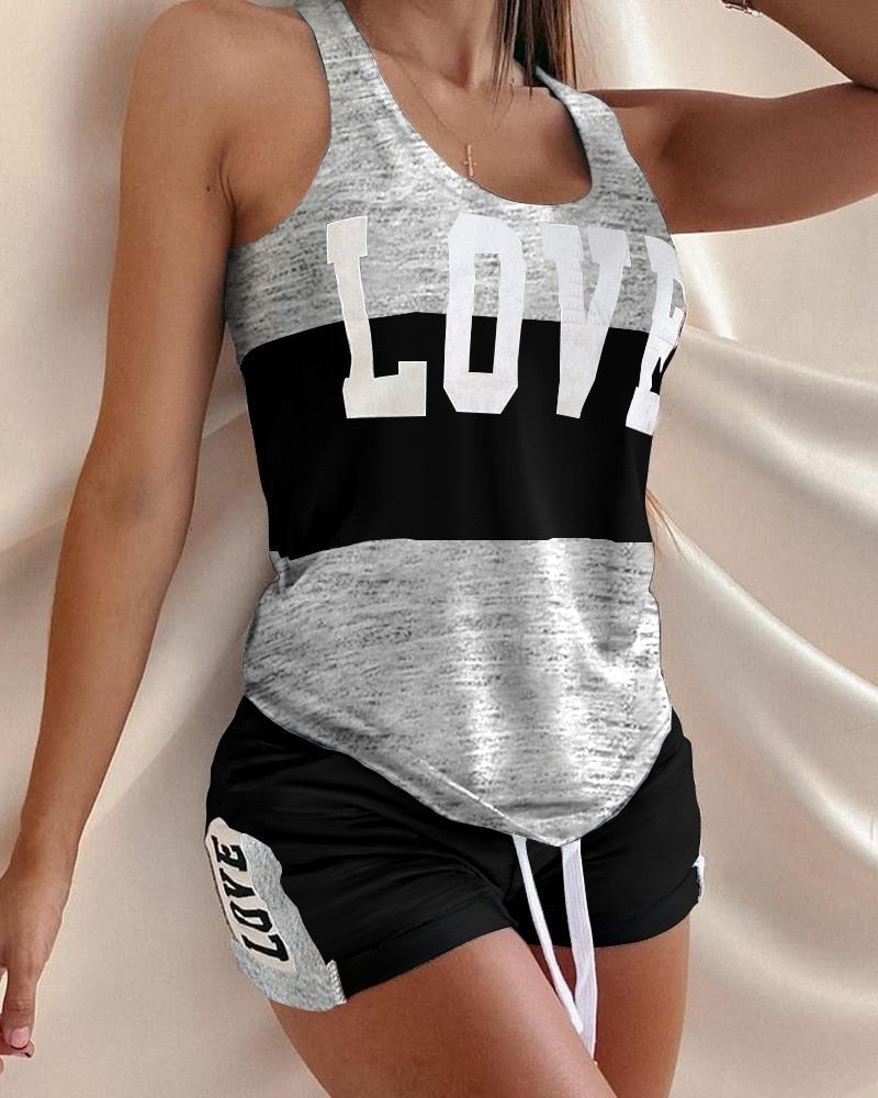 Summer Two Piece Set Women Tracksuit Home Clothes Patchwork Letter Print Tank Top Shorts Sweat Suits Casual Women's Sets Outfits