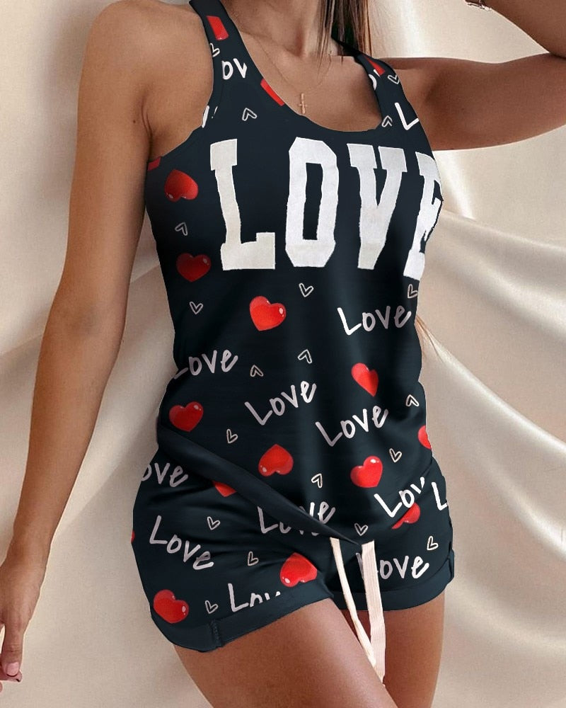 Summer Two Piece Set Women Tracksuit Home Clothes Patchwork Letter Print Tank Top Shorts Sweat Suits Casual Women's Sets Outfits