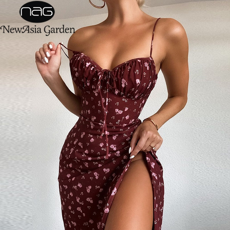 Newasia Wine Floral Dress Women Prairie Chic Spaghetti Straps Backless Chest Draped Lace Up Side Split Sexy Long Dresses 2020