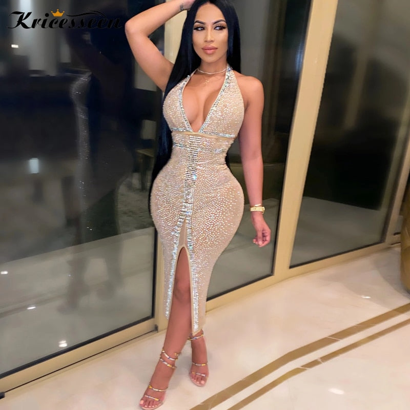 Kricesseen Sexy New Halter Sequined Slit Skinny Midi Dress Fashion Women Hot Backless Side Split Bodycon Night Clubwear Dress