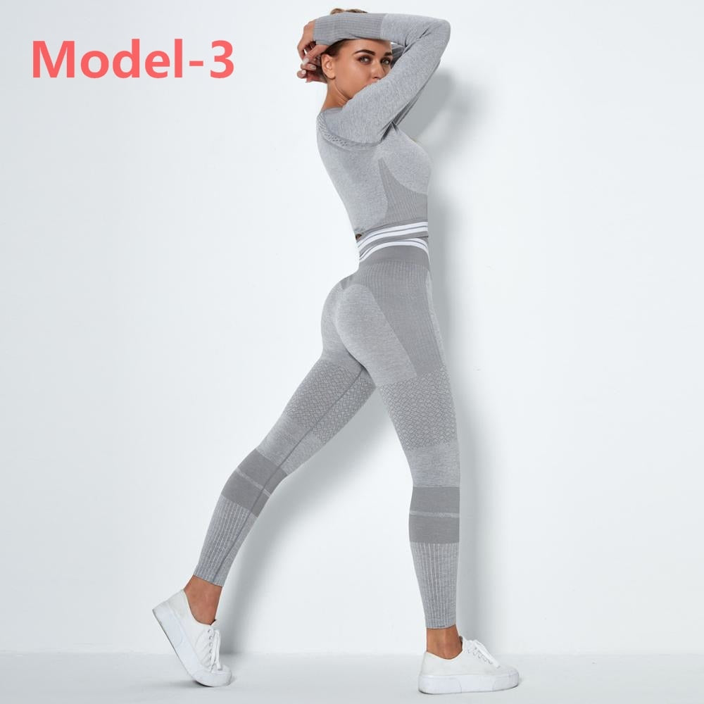 Women Seamless Gym Sets High Waist Gym Mesh Leggings Shirts Suit Long Sleeve Fitness Workout Sports Running Thin Sport Sets