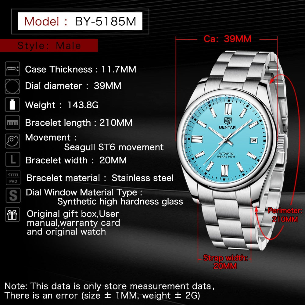 2022 BENYAR New Luxury Men Mechanical Wristwatches 10Bar Waterproof Automatic Watch Stainless Steel Sports Diving Watch for Men