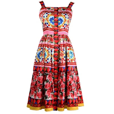 SHENGPALAE 2021 Designer Women's High Quality Colourful Flower Printed Crystal Button Spaghetti Strap Knee-length Dress ZA3832