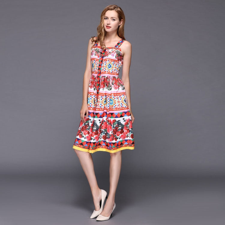 SHENGPALAE 2021 Designer Women's High Quality Colourful Flower Printed Crystal Button Spaghetti Strap Knee-length Dress ZA3832