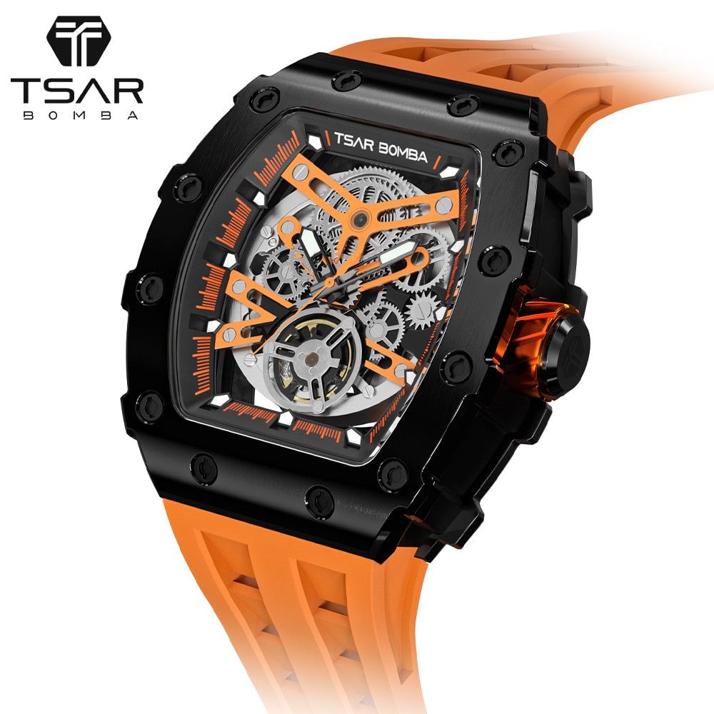 TSAR BOMBA 2022 Luxury Mens Automatic Watches Tonneau Design Sapphire Stainless Steel Waterproof Skeleton Mechanical Wristwatch