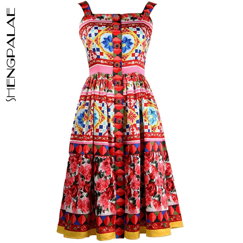 SHENGPALAE 2021 Designer Women's High Quality Colourful Flower Printed Crystal Button Spaghetti Strap Knee-length Dress ZA3832