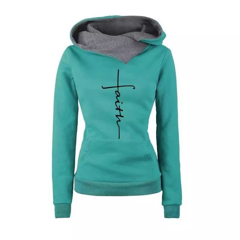 Autumn Winter Hoodies Sweatshirts Women Faith Embroidered Sweatshirt Long Sleeve Pullovers Christmas Casual Warm Hooded Tops