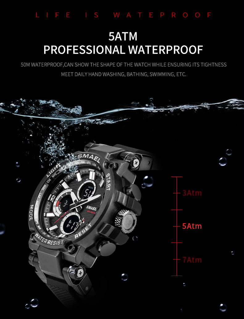 SMAEL Men Sport Watches Digital Double Time Chronograph Watch Mens LED Chronometre Week Display Wristwatches montre homme Hour