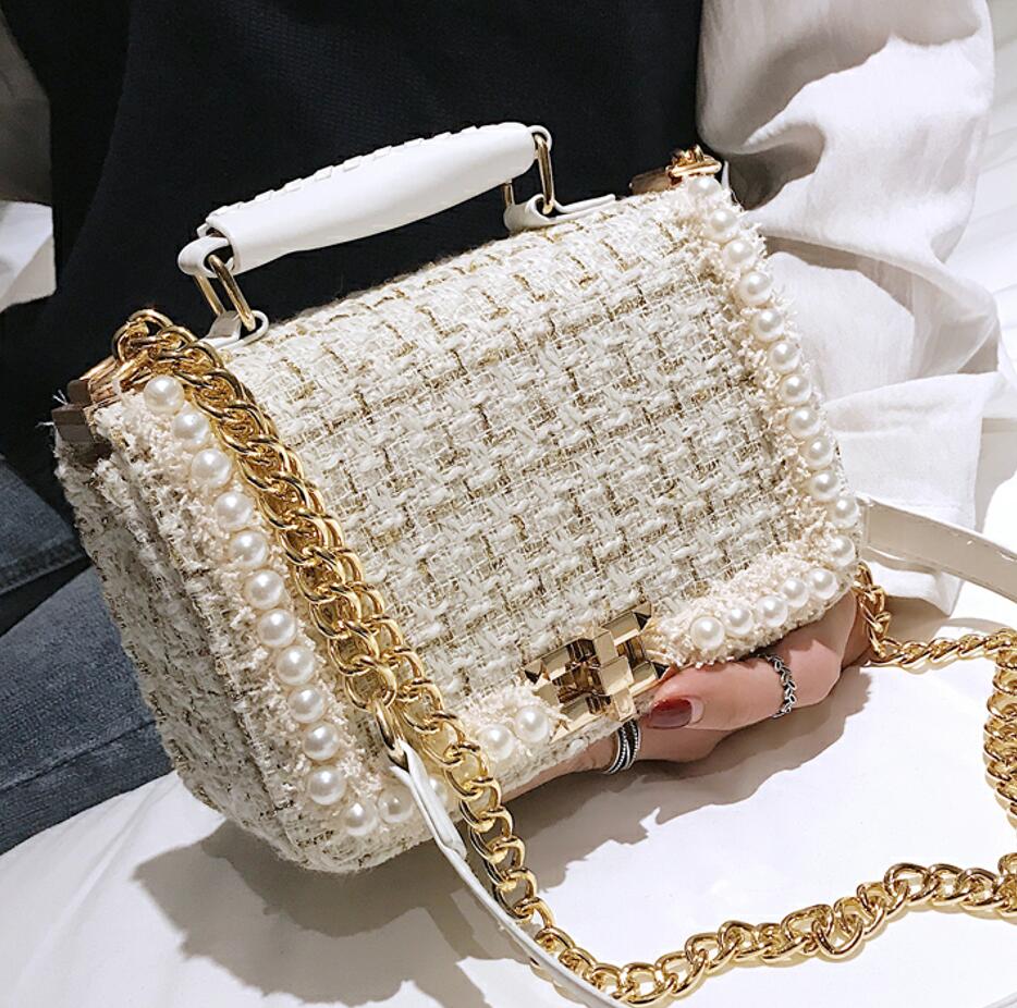 Fashion New Female Square Tote bag Quality Woolen Pearl Women's Designer Handbag Ladies Chain Shoulder Crossbody Bag Travel