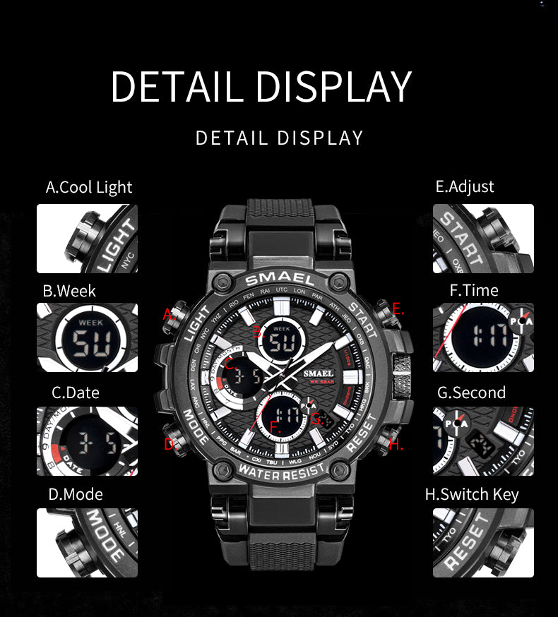 SMAEL Men Sport Watches Digital Double Time Chronograph Watch Mens LED Chronometre Week Display Wristwatches montre homme Hour