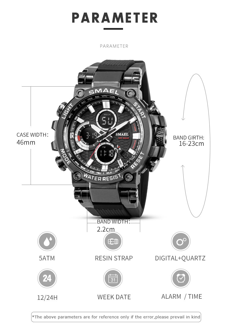 SMAEL Men Sport Watches Digital Double Time Chronograph Watch Mens LED Chronometre Week Display Wristwatches montre homme Hour