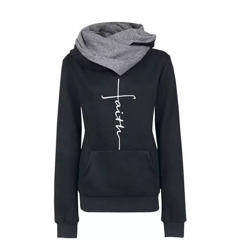 Autumn Winter Hoodies Sweatshirts Women Faith Embroidered Sweatshirt Long Sleeve Pullovers Christmas Casual Warm Hooded Tops