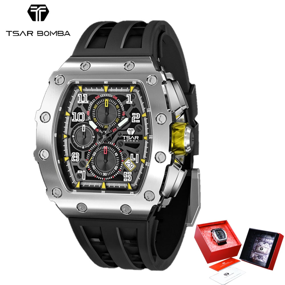 TSAR BOMBA Watch Men Luxury Brand Tonneau Design Waterproof Clock Stainless Steel Wristwatch Sport Chronograph Square Mens Watch