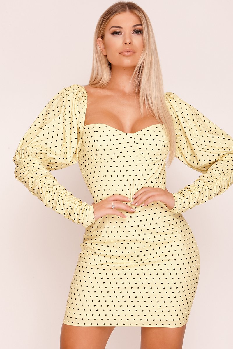 Yellow Puff Sleeve Polka Dot Milkmaid Dress