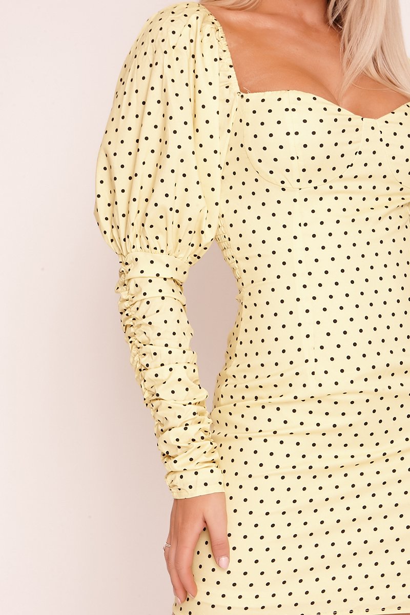 Yellow Puff Sleeve Polka Dot Milkmaid Dress