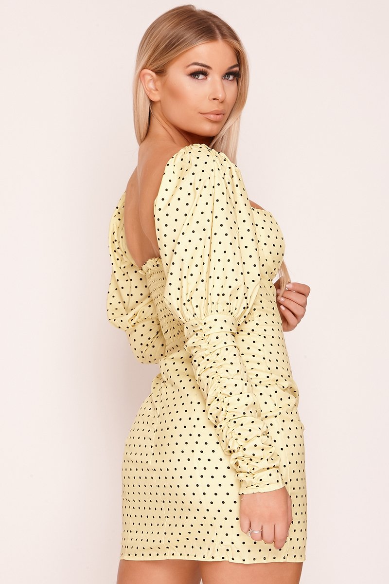 Yellow Puff Sleeve Polka Dot Milkmaid Dress