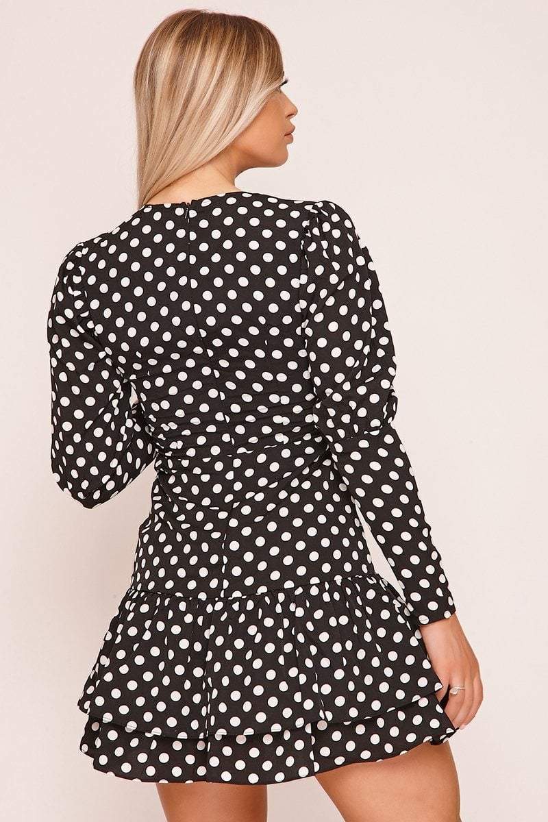 Black Polka Dot Puff Sleeve Frill Dress