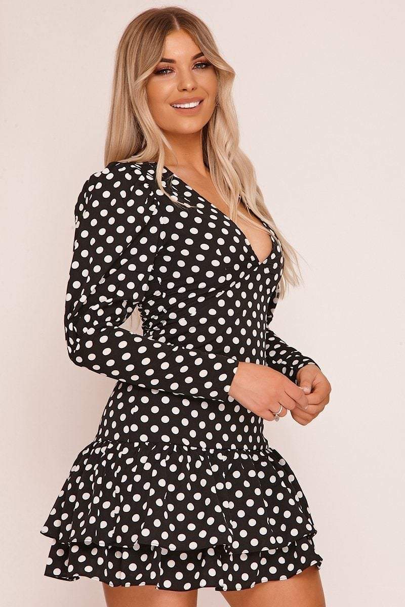 Black Polka Dot Puff Sleeve Frill Dress