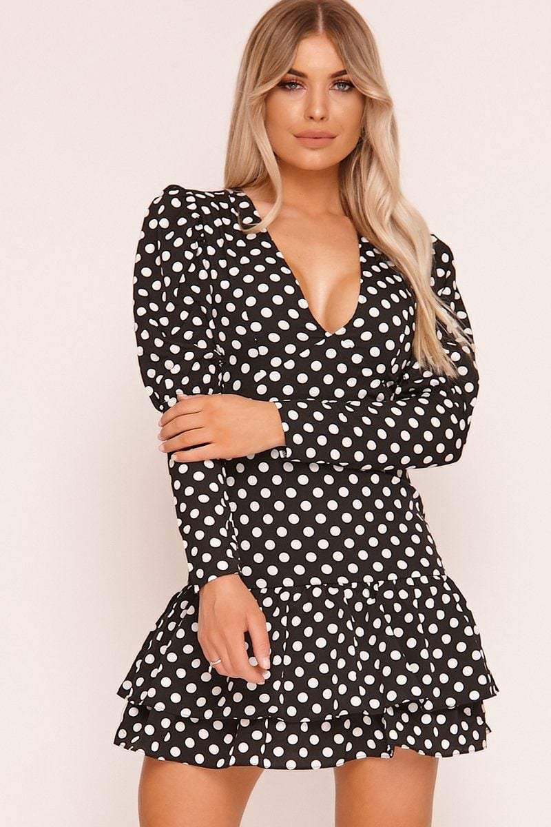 Black Polka Dot Puff Sleeve Frill Dress