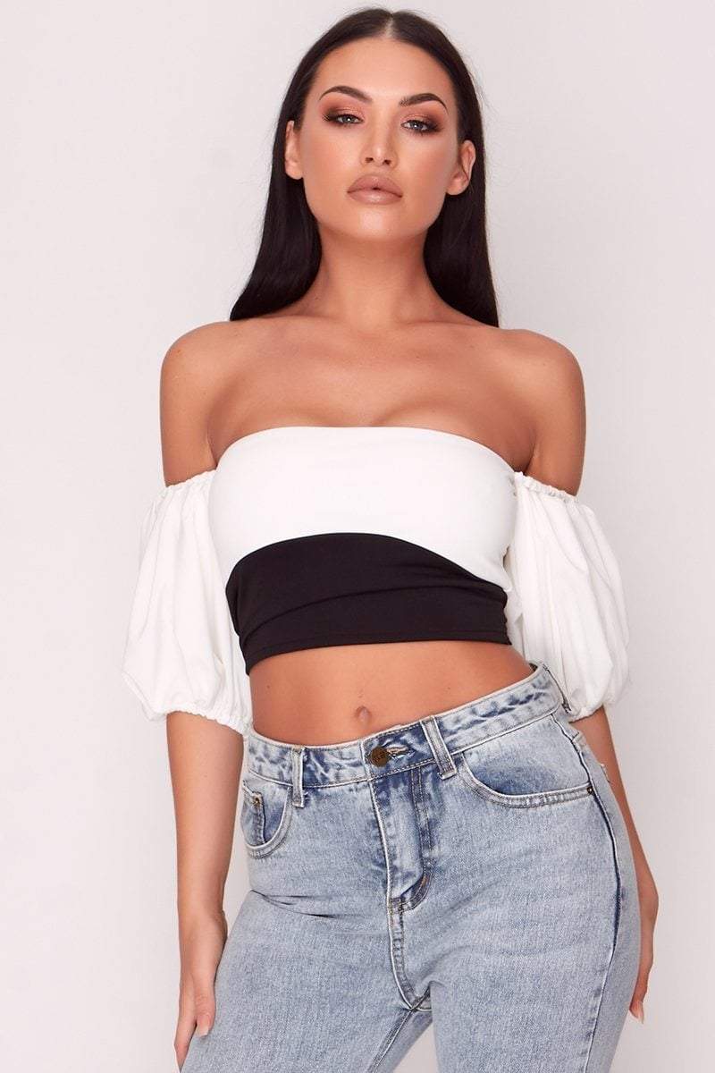 Black & White Puff Sleeve Bardot Crop Top