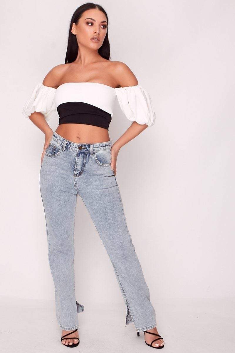 Black & White Puff Sleeve Bardot Crop Top