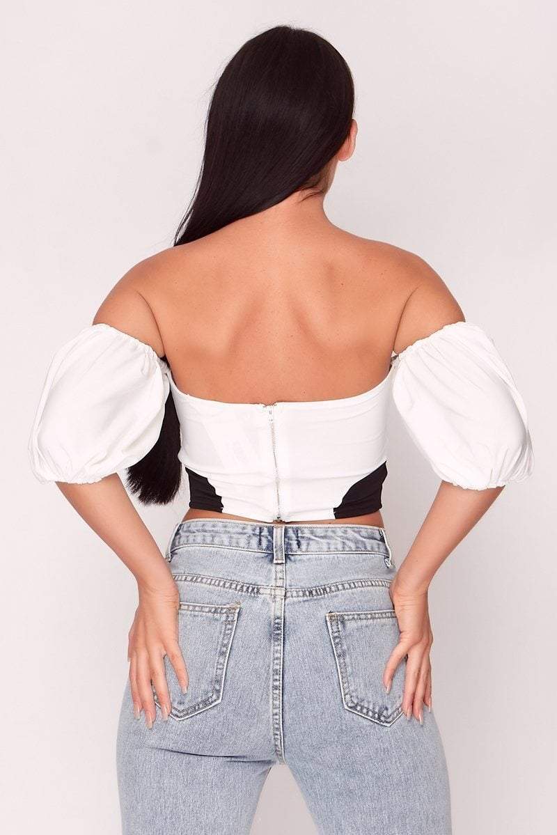 Black & White Puff Sleeve Bardot Crop Top