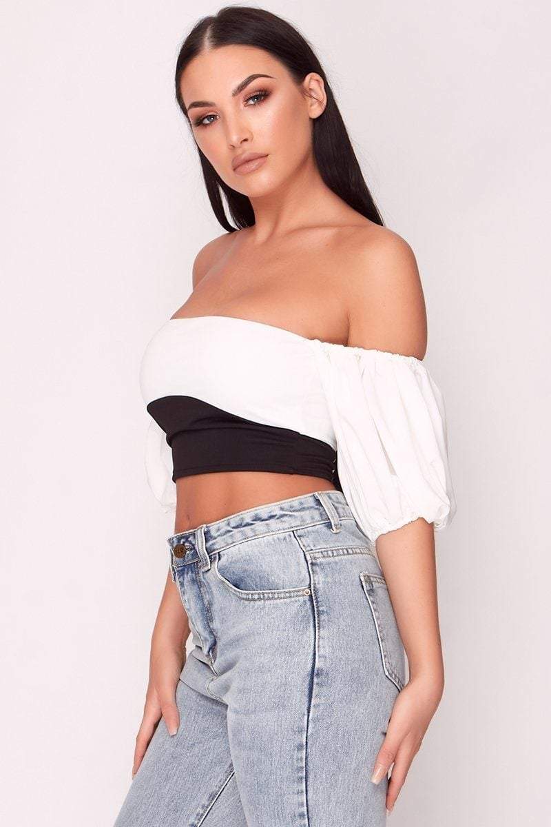 Black & White Puff Sleeve Bardot Crop Top