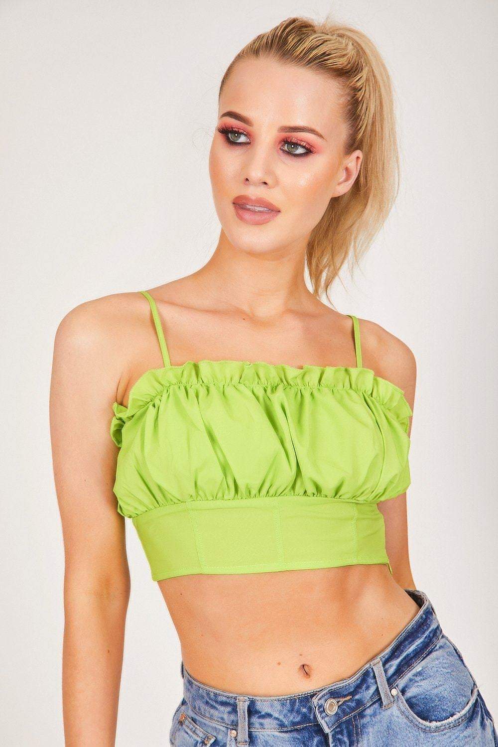 Green Square Neck Frill Crop Top